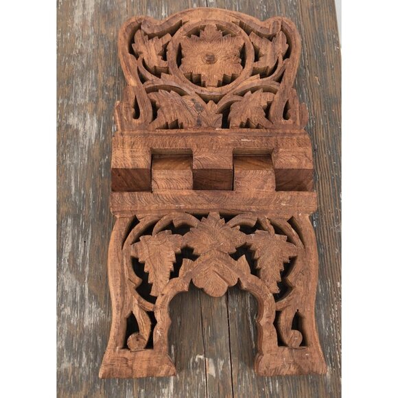 Vintage Teak Wood Book Holder Kitchen Stand Hand Carved Floral Leaf Design Foldi - Picture 1 of 9
